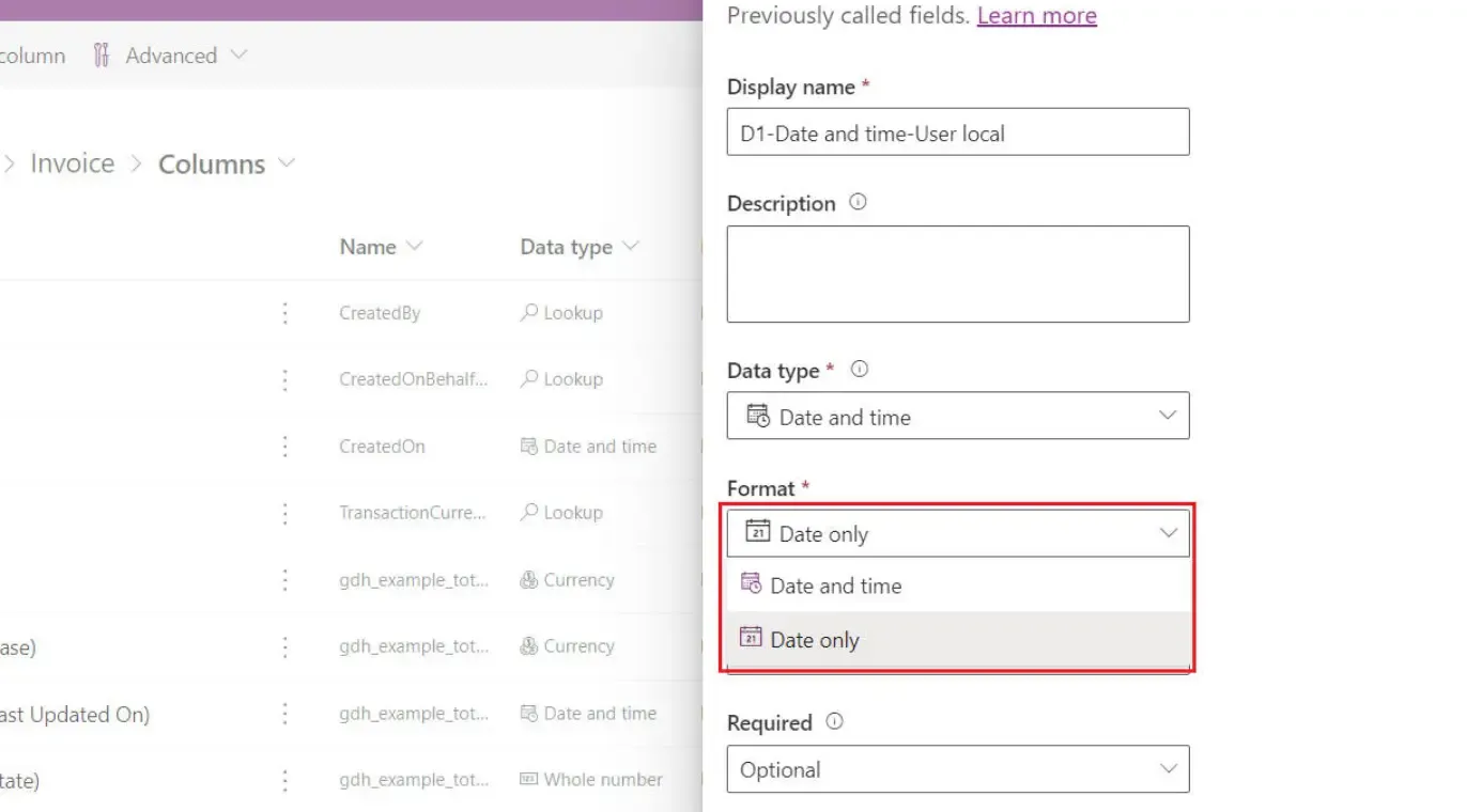Select "Format" for Date and Time field